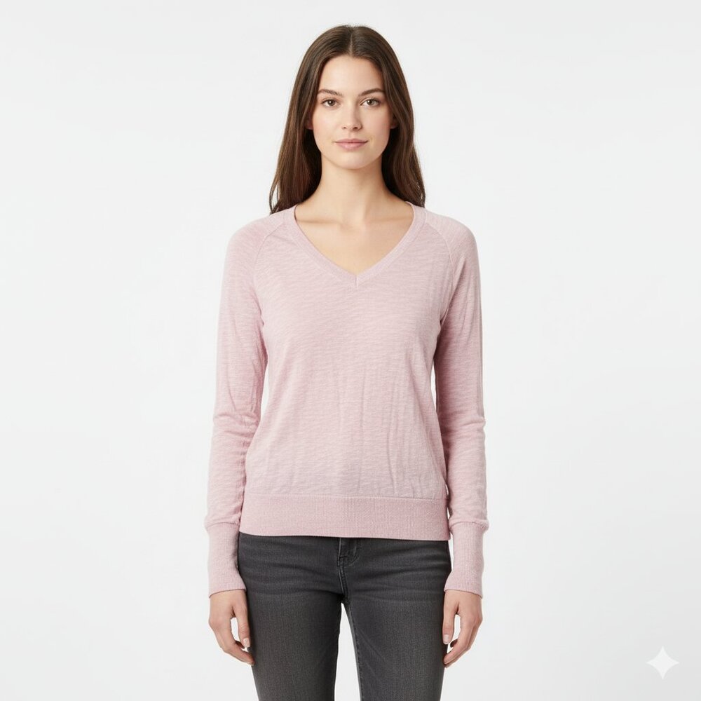 NWT Bobi Light Rose V-Neck Long Sleeve Top Soft Slub Knit Tee Women’s Let
